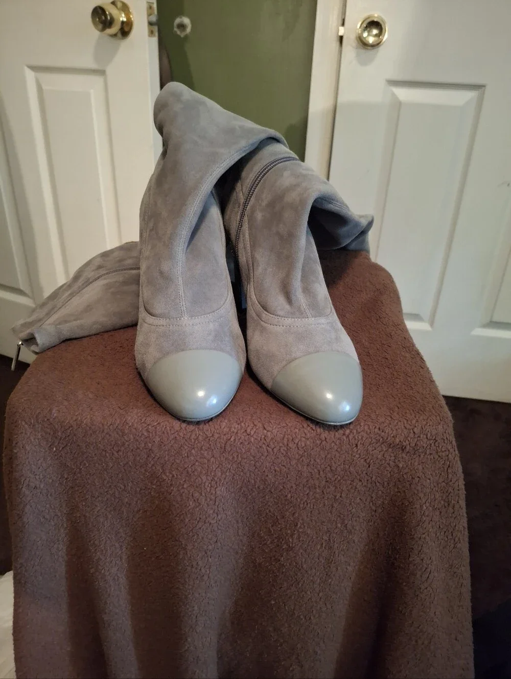 CHANEL Light Gray Suede Over-the-Knee Boots with Patent Toe Comes With Box.